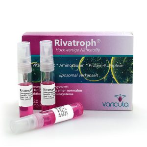 Rivatroph Nahrungsergänzungsmittel von Varicula – drei Ampullen mit pinker Flüssigkeit vor der Produktverpackung mit Aufschrift „Hochwertige Nährstoffe – liposomal verkapselt“.