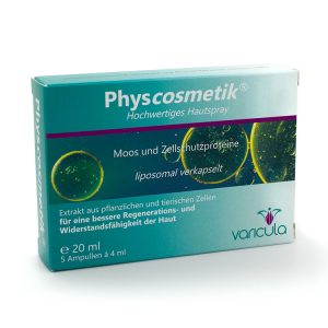 Zu sehen ist eine Verpackung von Physcosmetik. Das ist ein hochwertiges Hautspray und Extrakt für eine bessere Regenerationos- und Widerstandsfähigkeit der Haut