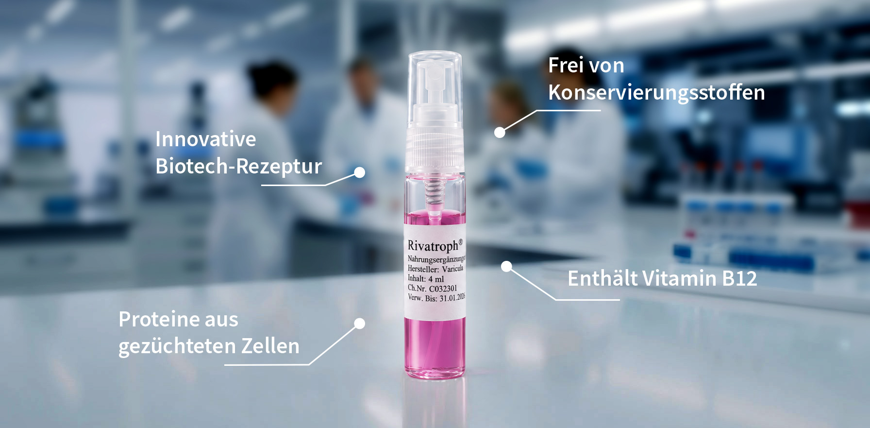 Rivatroph® – innovative Biotech-Rezeptur Rivatroph® Spray im Labor mit Hinweisen auf Biotech-Rezeptur, Proteine aus gezüchteten Zellen, Vitamin B12 und Konservierungsstofffreiheit